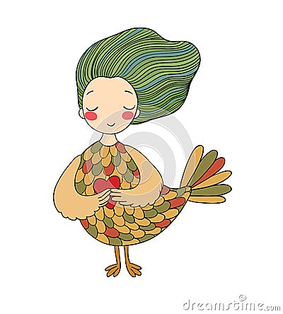 Girl Sirin. Mythological bird. Russian folklore. Vector Illustration