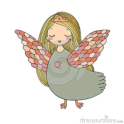 Girl Sirin. Mythological bird. Russian folklore. Vector Illustration