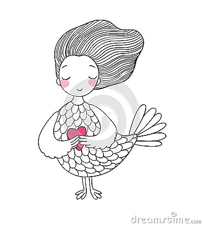 Girl Sirin. Mythological bird. Russian folklore. Vector Illustration