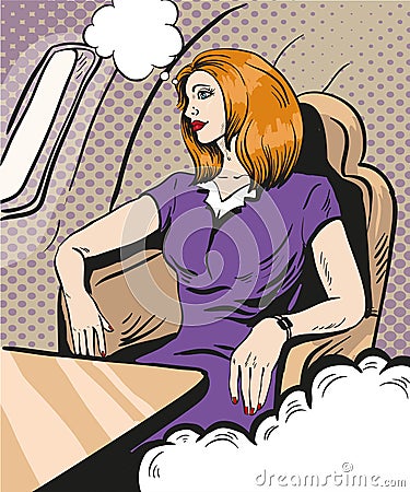 Girl siting and looking out the airplane window. Vector illustration in retro comic pop art style. Business class Vector Illustration