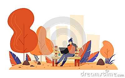 A girl sits on a bench in an autumn park and works at a laptop. Trend colors. Vector illustration in cartoon flat style on a white Vector Illustration