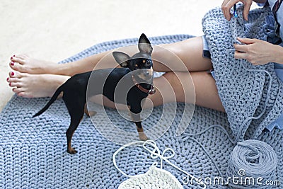 The girl sits on the carpet and knits Stock Photo