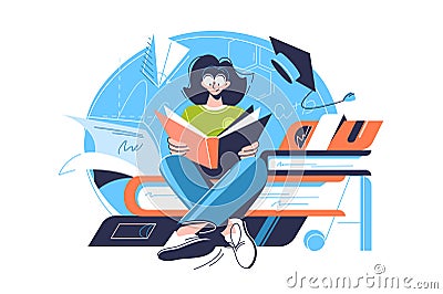 Girl sits on giant books and read book Vector Illustration