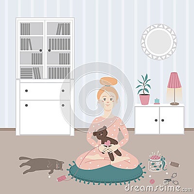 The girl sews a bear at home Vector Illustration