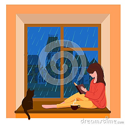 A girl sits by the window, reads a book Vector Illustration
