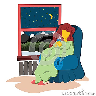 The girl sits wrapped in a warm blanket at the night window. Illustration in flat style. Vector Illustration