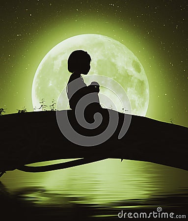 Girl sitting alone on a tree trunk under the moon light Stock Photo