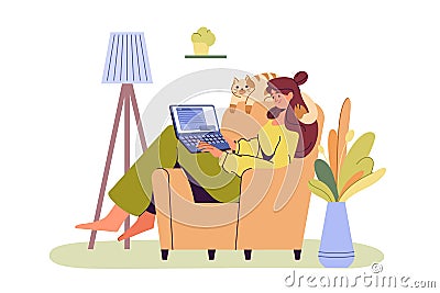 Girl sitting in armchair and working at home with laptop Vector Illustration