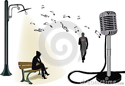 Girl sitting on the bench listens to music expects lover Vector Illustration