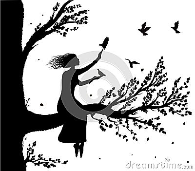 Girl sitting on big tree branch an holding the pigeons flying to her, autumn wind and birds silhouette, secret place Vector Illustration