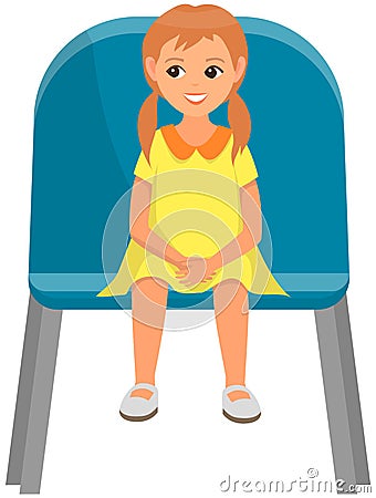 Girl sitting on chair and watching show. Toddler in audience, little spectator sits on viewer place Vector Illustration