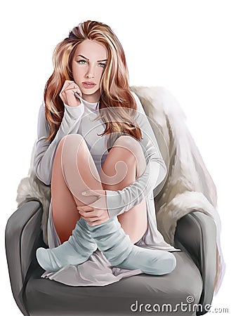 Girl sitting in a chair. Watercolor painting Stock Photo