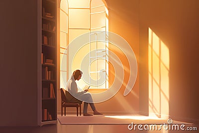A girl sitting on a chair by the window reading a book Stock Photo