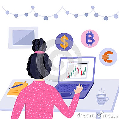 Girl is sitting before computer and watching technical analysis of stock trends and currency. Back view. Modern concept Vector Illustration