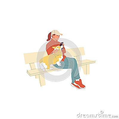 Girl is sitting with a dog outdoors. Petting and grooming dog. Isolated on white background. Flat style cartoon stock Vector Illustration