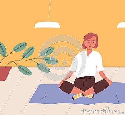 Girl sitting cross-legged on floor and meditating. Young woman practicing yoga, buddhist meditation, Pranayama breath Vector Illustration