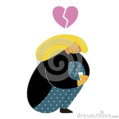 Girl sitting curled up with broken heart. Woman is distressed, saddened, feeling sorrow for somebody. Vector Illustration