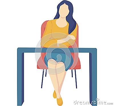 Girl sitting at the desk . Business woman , workplace. Cartoon female character of office worker, businessperson, clerk, manager Vector Illustration