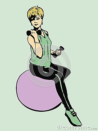 Girl sitting on a fitball with dumbbells Vector Illustration