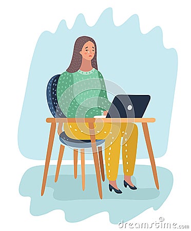 Girl sitting in front of laptop and cry Vector Illustration