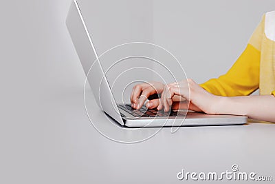 Woman working at white office. Hand on keyboard close up Stock Photo