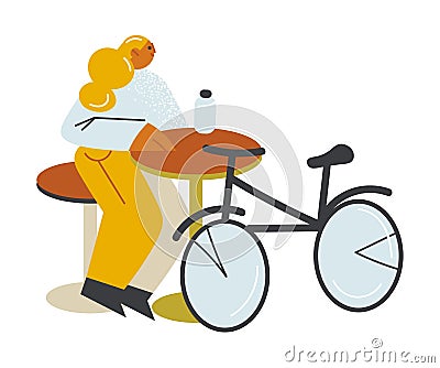 Girl sitting and having drink with her bicycle near on open veranda Vector Illustration