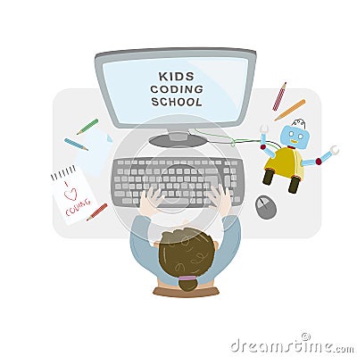 Girl sitting at her desk and coding with her computer making and programming a robot. Topview workspace vector Vector Illustration