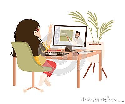 Girl Sitting at her Desk Having Online Lesson, Homeschooling, Distance Learning Concept Cartoon Style Vector Illustratio Vector Illustration