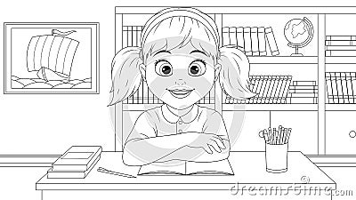 Girl sitting at her desk at school Vector Illustration