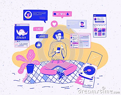 Girl sitting at home, holding mobile phone and chatting or receiving feedback on social network. Microblogging, internet Vector Illustration