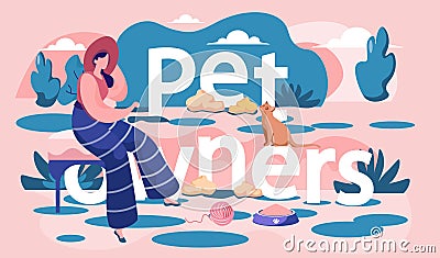 Girl sitting on the inscription. Owner of the cat resting on the street. Woman playing with kitten Vector Illustration