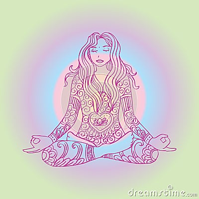 Girl sitting meditation. Vector Illustration