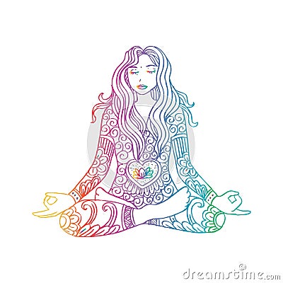 Girl sitting meditation. Vector Illustration