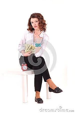 Girl sitting with money Stock Photo