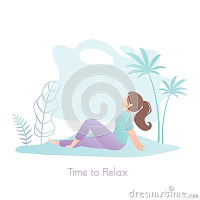 Girl sitting in nature,female character profile view, park or beach with palm trees Vector Illustration