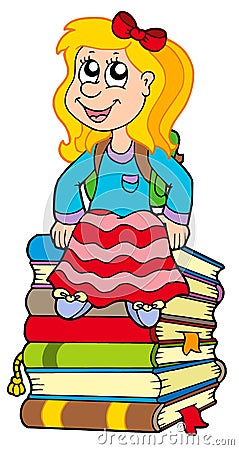 Girl sitting on pile of books Vector Illustration