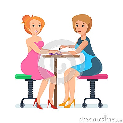 Girl, sitting at reception with specialist in nail service. Vector Illustration