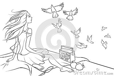 Girl sitting on the roof and looking at pigeons Stock Photo