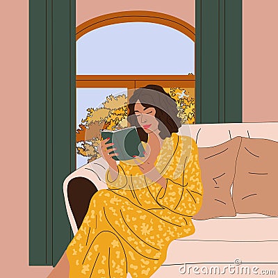 The girl is sitting on the sofa near the window with an autumn view. Vector Illustration