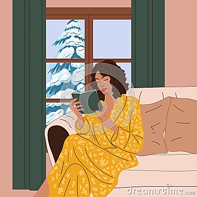 The girl is sitting on the sofa near the window with an winter view. Snow season. Vector Illustration