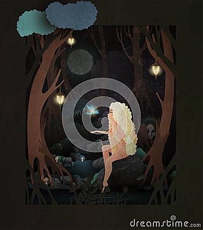 Girl sitting on the stone and talking with the magic bird in the dark forest decorated with lanterns in front of night forest Vector Illustration