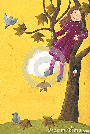 Girl sitting on a tree in autumn Cartoon Illustration