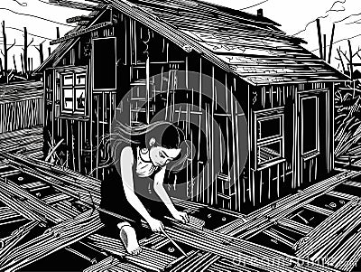 A Girl Sitting On A Wooden Structure - a woman working intensive on a house constructio Vector Illustration