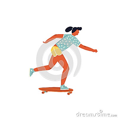 Girl skateboarder ride a skateboard poster with inspirational text quote in vector Vector Illustration