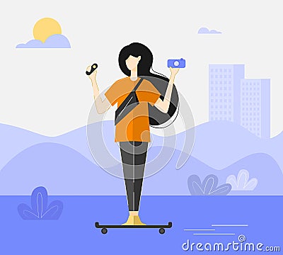 Girl skates and takes pictures Vector Illustration