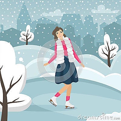 Girl skates in winter. Winter entertainment. Flat vector illustration Vector Illustration