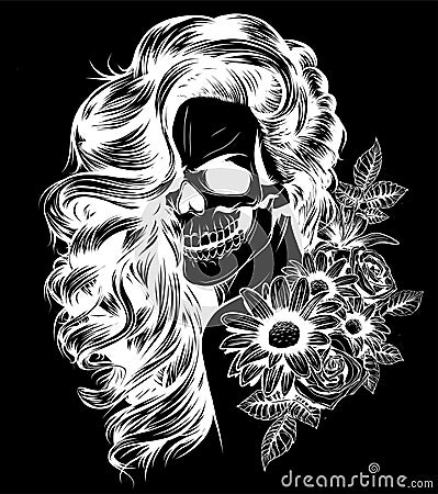 Girl with skeleton make up hand drawn vector sketch. Santa muerte woman witch portrait stock illustration Vector Illustration
