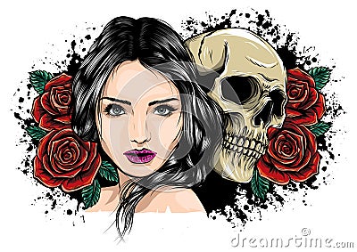 Girl with skeleton make up hand drawn vector sketch. Santa muerte woman witch portrait stock illustration Day of the Vector Illustration
