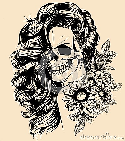 Girl with skeleton make up hand drawn vector sketch. Santa muerte woman witch portrait stock illustration Vector Illustration