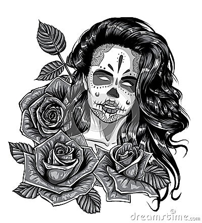 Monochromatic Girl with skeleton make up hand drawn vector sketch. Santa muerte woman witch portrait stock illustration Vector Illustration